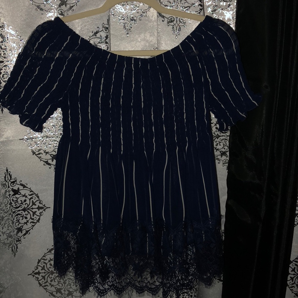 Navy blue pin stripe top with lace